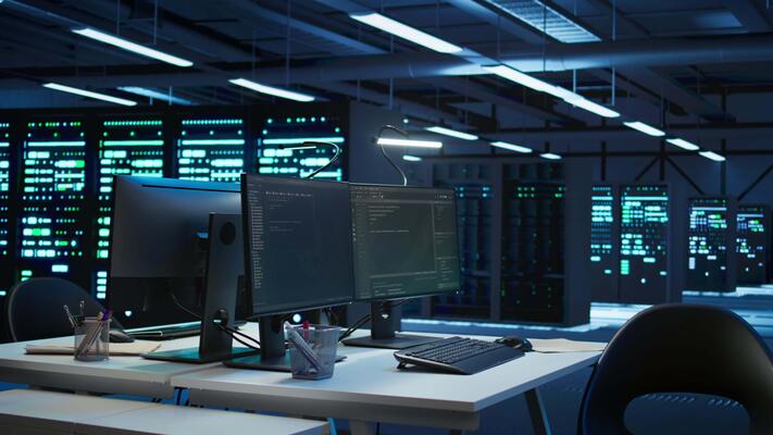 data center business with networking systems installed used for managing mainframes code running on computers in futuristic server room used for overseeing equipment dolly in shot video