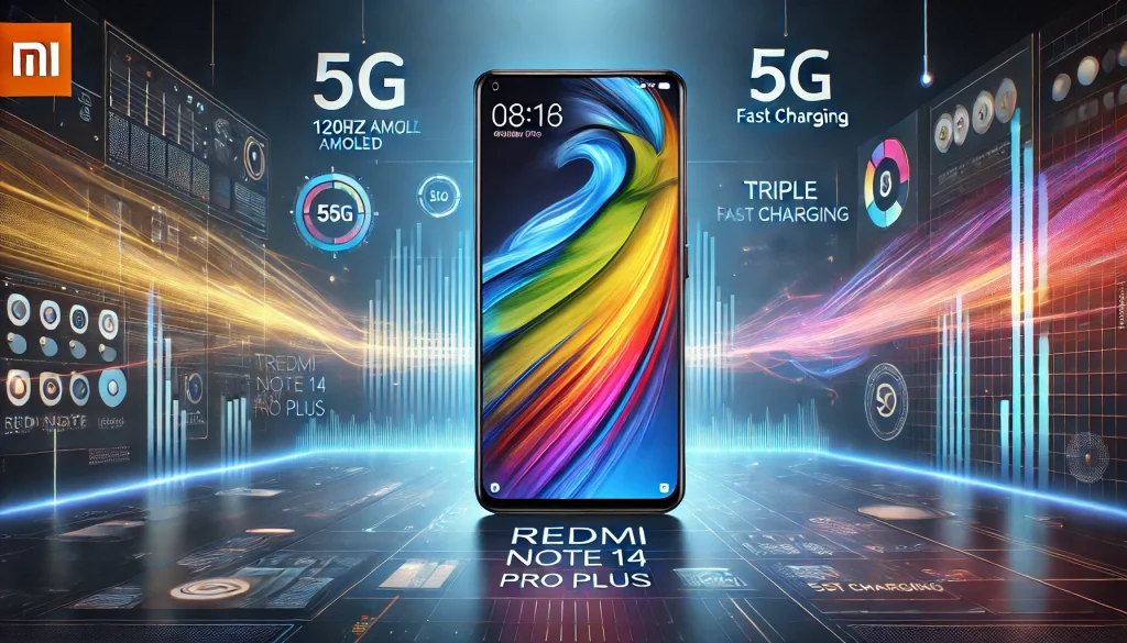 DALL·E 2024 09 27 19.22.02 A large realistic banner showcasing the Xiaomi Redmi Note 14 Pro Plus. The image highlights the phones sleek design with its 6.67 inch 120Hz AMOLED